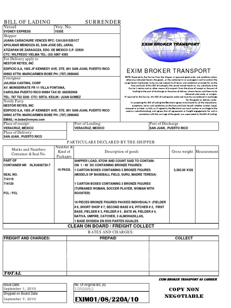 Bill of Lading Cargo Bill Of Lading