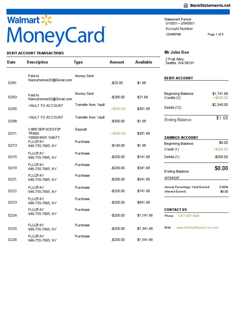 Walmart-Money-Card-Bank-Statement-BankStatements.net_ | PDF | Debits ...