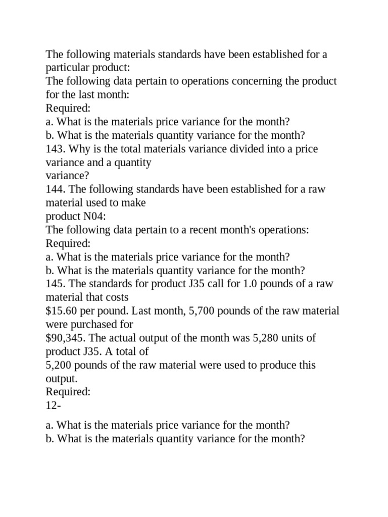 The Following Materials Standards Have Been Established For A ...