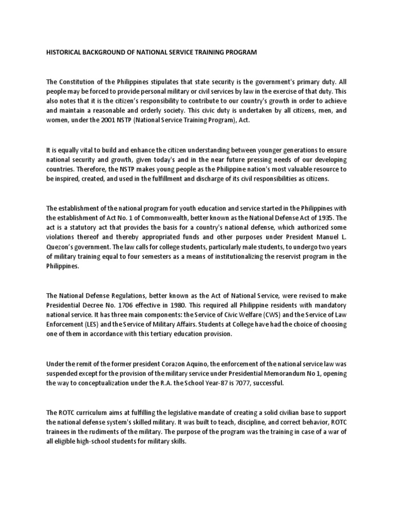 History of the National Service Training Program | PDF | Government