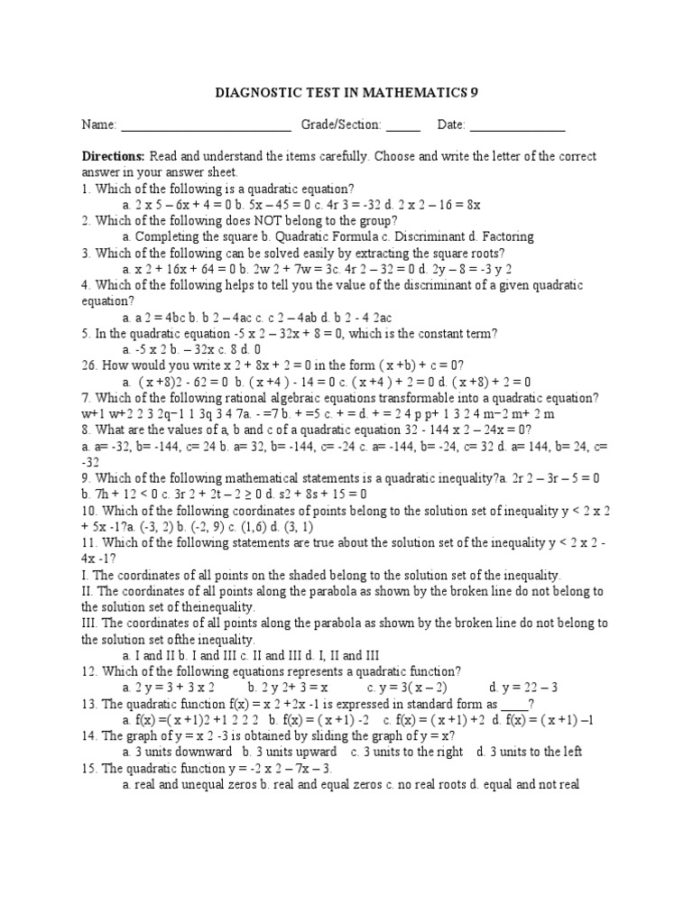 Diagnostic Test in Mathematics 9 PDF Rectangle Quadratic Equation