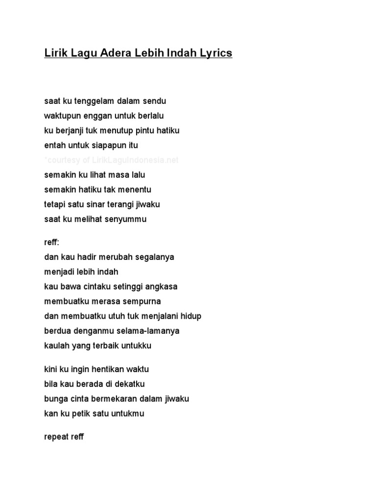 Lirik Lagu Adera Lebih Indah Lyrics | PDF