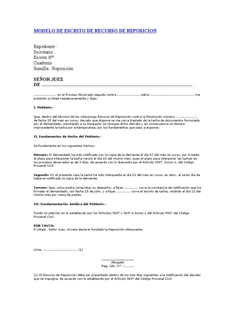 Modelo de Escrito de Recurso de Reposicion | PDF | Apelación interlocutoria  | Ley procesal