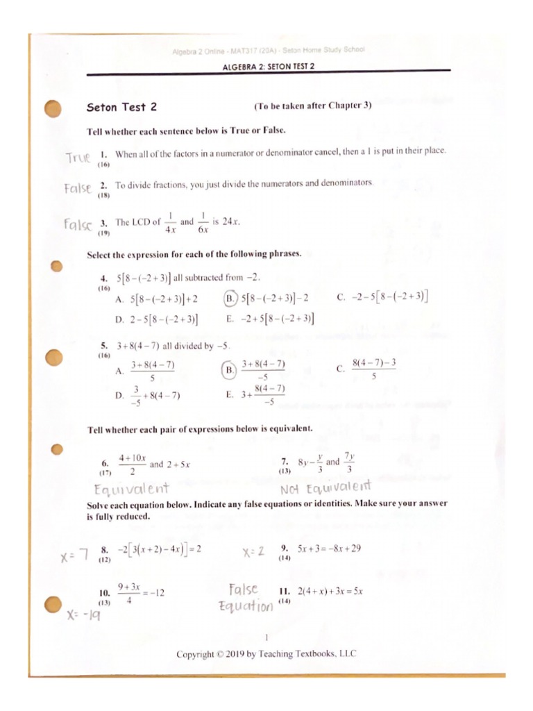 Algebra 2 Online MAT317 20A Seton Home Study School | PDF