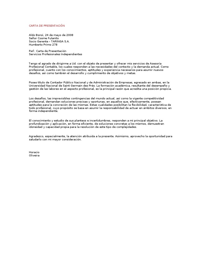 CARTA DE PRESENTACIÓN SERVICIOS PROFESIONALES INDEPENDIENTES