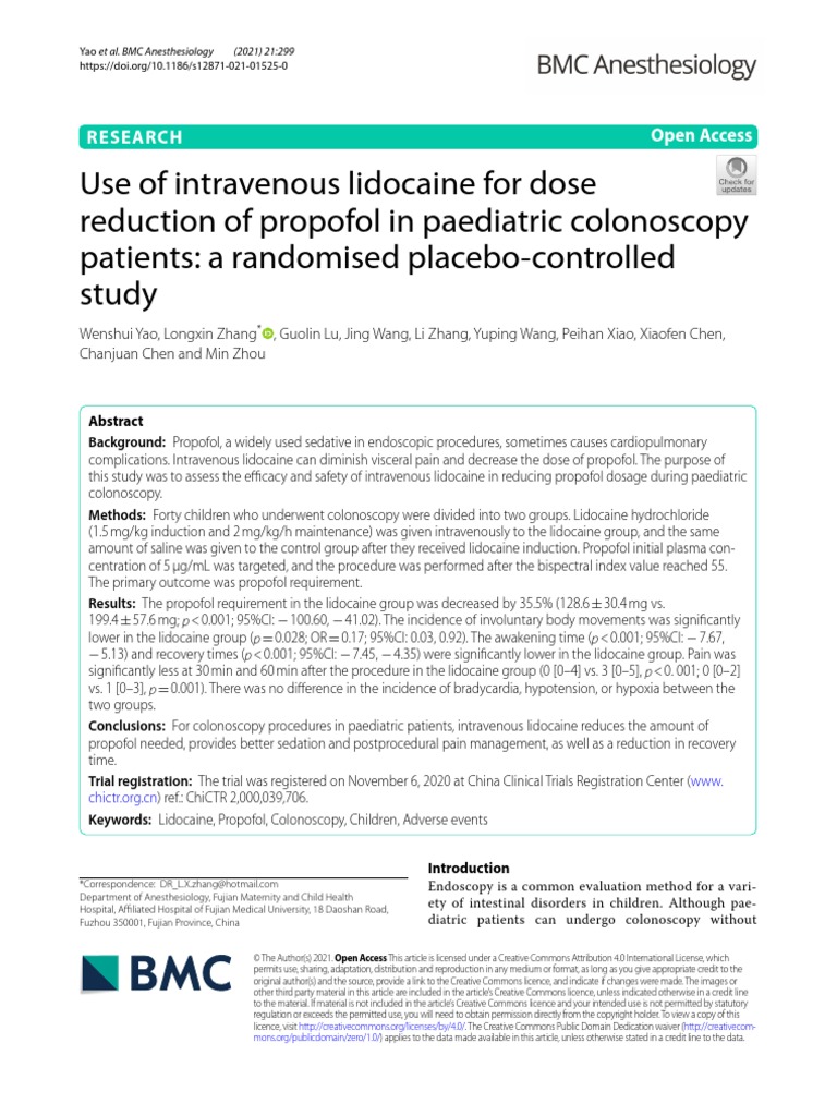 Use Lidocaine For Dose Reduction of Propofol Pediatric PDF