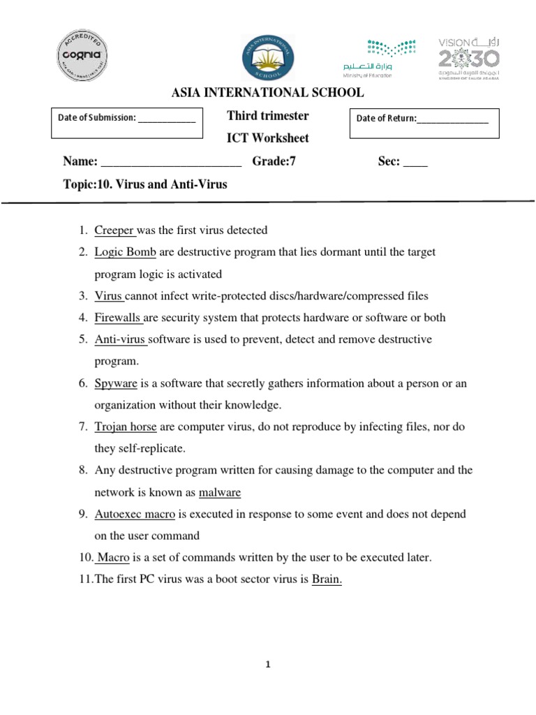 10 Virus and Antivirus Worksheet Answers | PDF | Computer Virus ...