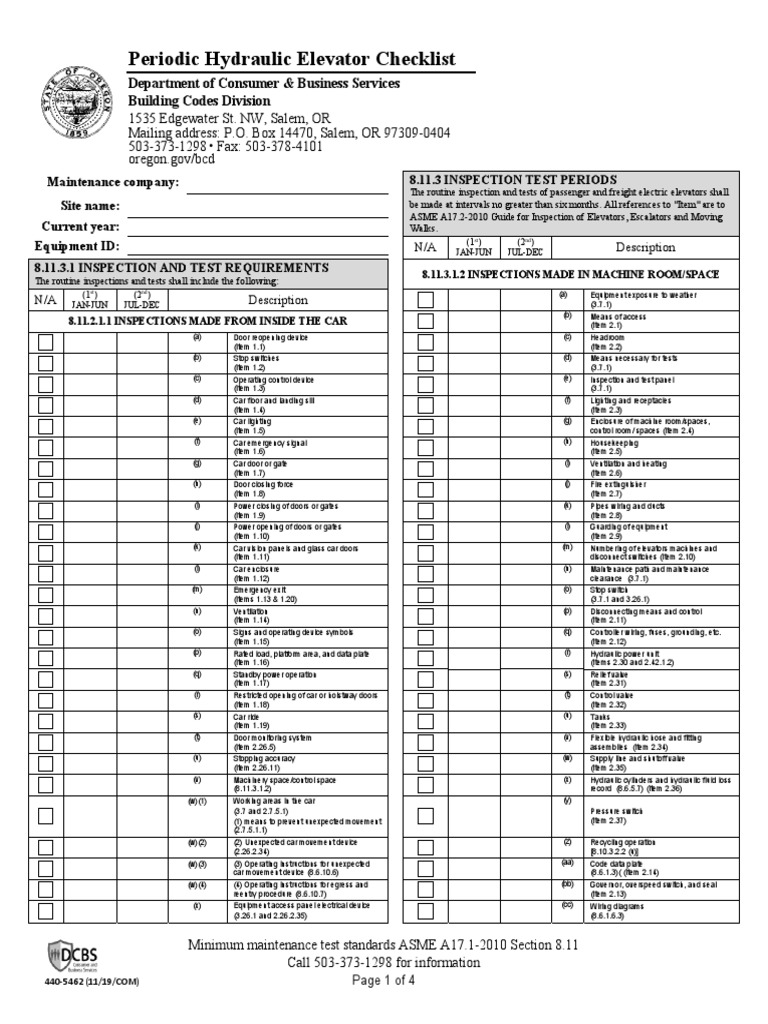 Periodic Hydraulic Elevator Checklist PDF Elevator Door