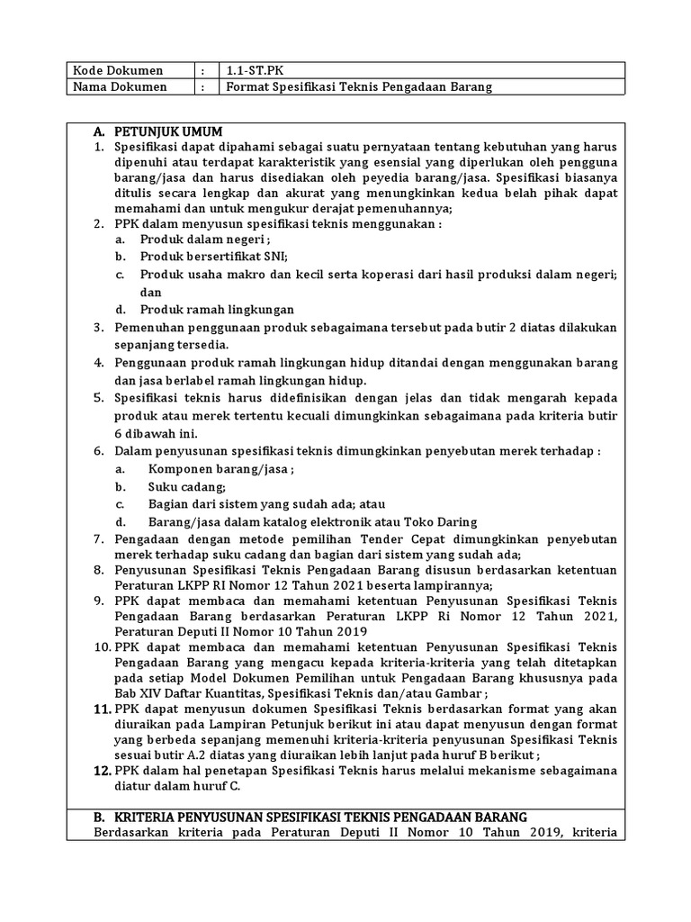 Format Spesifikasi Teknis Pengadaan | PDF