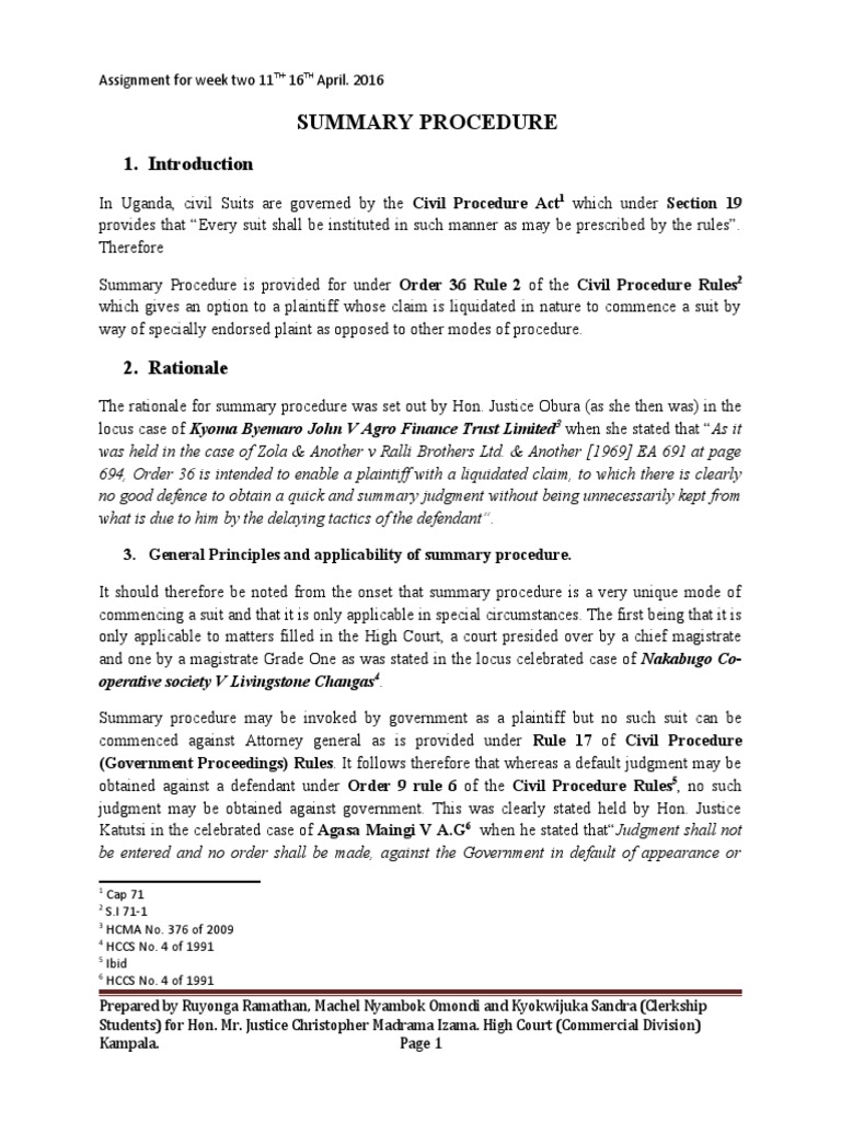 Summary Procedure in Ugandan Civil Suits | PDF | Lawsuit | Summary Judgment