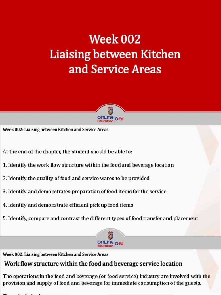 Week 002 Liaising Between Kitchen and Service Areas PDF Tableware Buffet