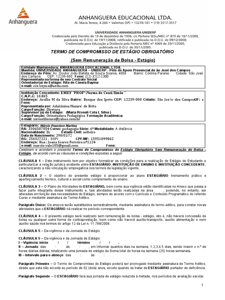 Termo de Estágio Sem Remuneração | PDF | Estágio | Procura de Emprego