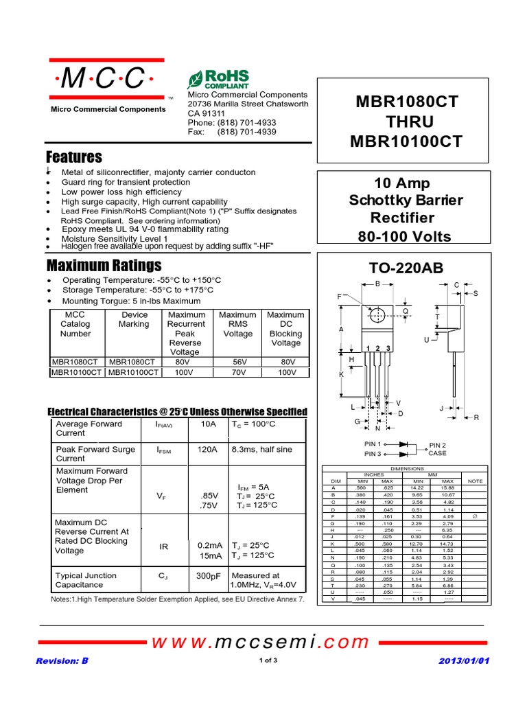 Product Specification Sheet for MBR Series Rectifier Diodes from Micro