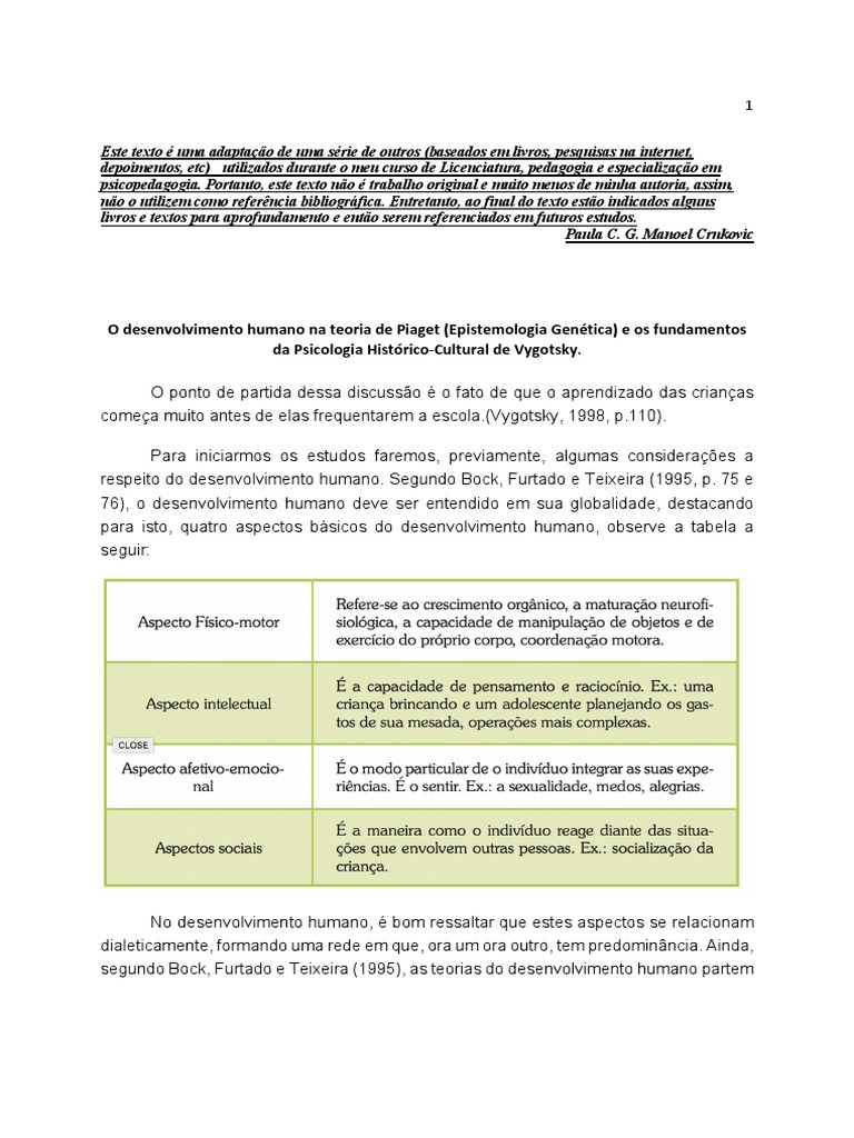 Teorias de Aprendizagem: Piaget e Vygotsky | PDF | Aprendizado | Psicologia