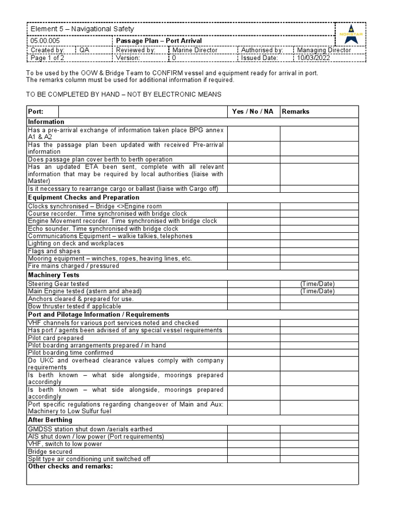 05.00.005 Passage Plan - Port Arrival | PDF | Manufactured Goods ...