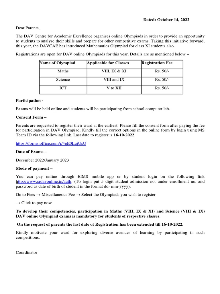 Dav Online Olympiad Reminder Circular | PDF | Technology & Engineering