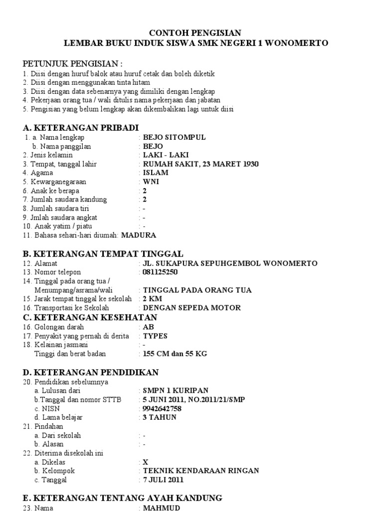 Contoh Lembar Buku Induk Siswa Smk Negeri 1 Wonomerto Pdf