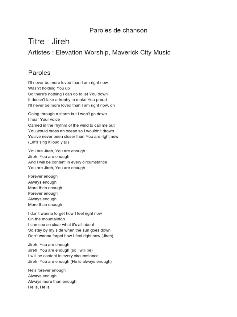 Elevation Worship, Maverick City Jireh (Lyrics) PDF Christian
