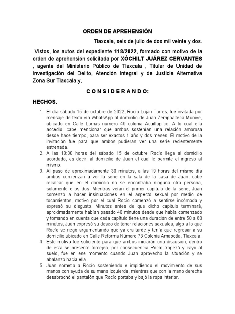 Orden de Aprehensión por Violación en Tlaxcala | PDF | Queja | Justicia