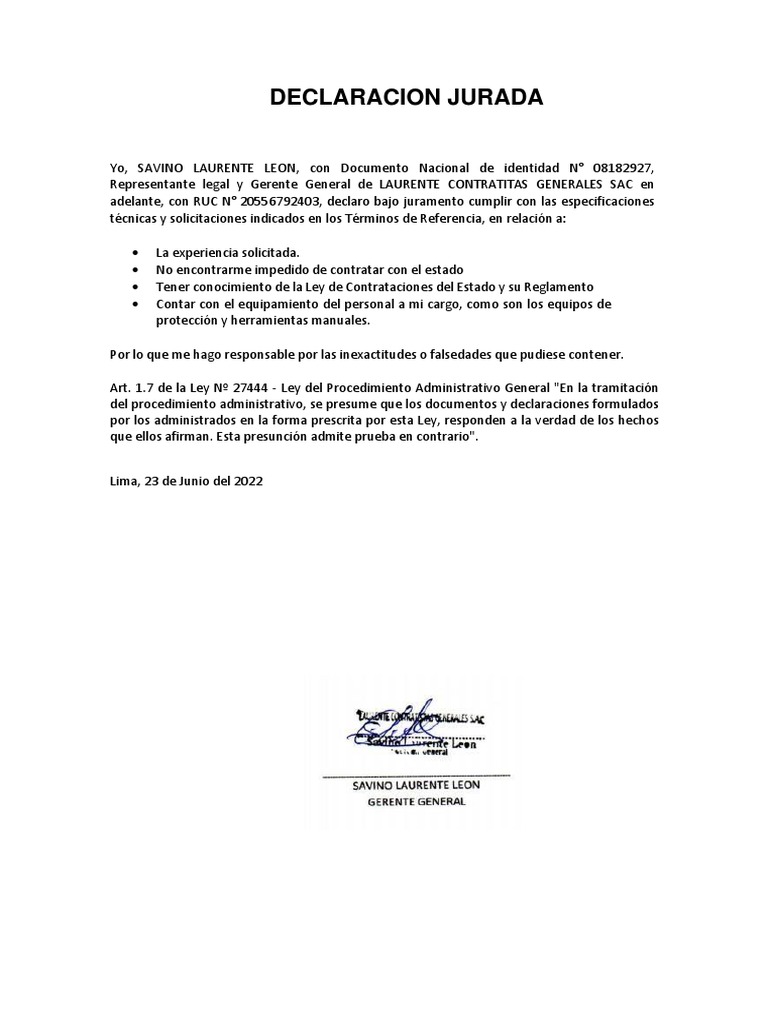 Declaracion Jurada de Cumplimiento (TDR) | PDF