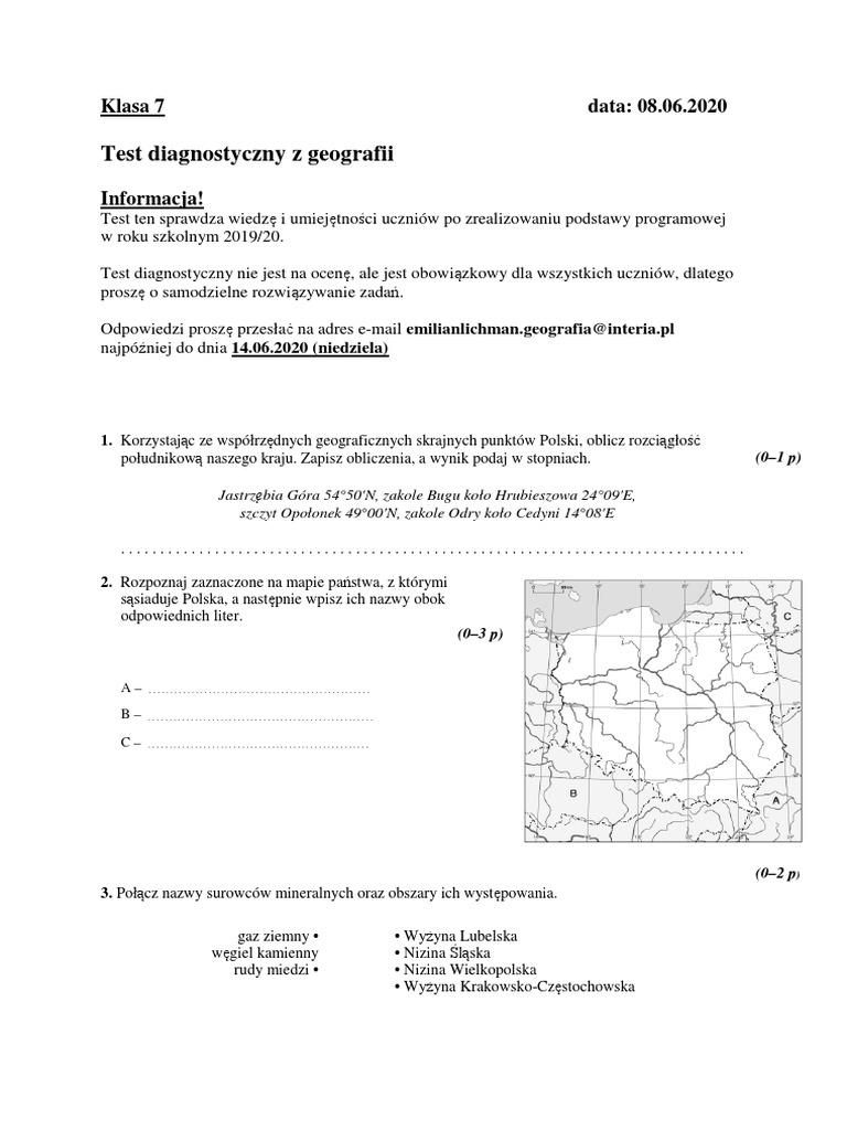 Test Diagnostyczny Z Języka Angielskiego Klasa 7 Pdf Klasa 7 Test Diagnostyczny Z Geografii | PDF