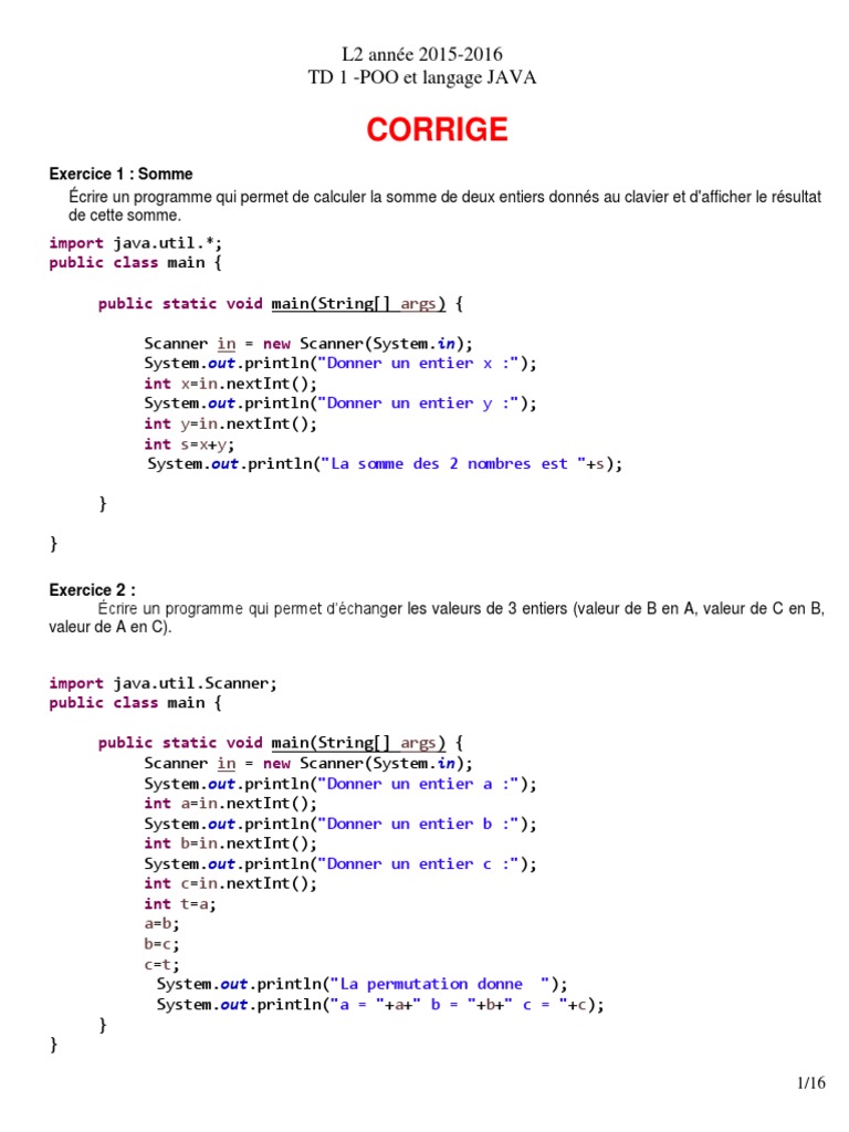 Exercices Corrigés en Java POO | PDF | Java (Langage de programmation ...