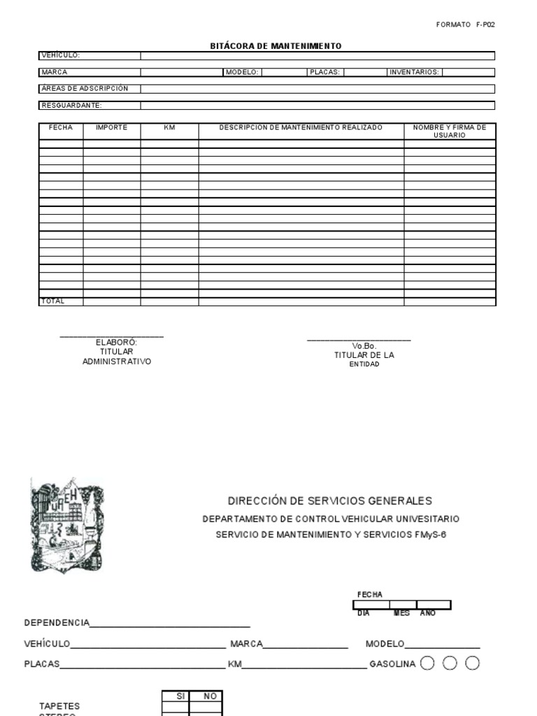 Formato Bitacora de Mantenimiento de Vehiculos