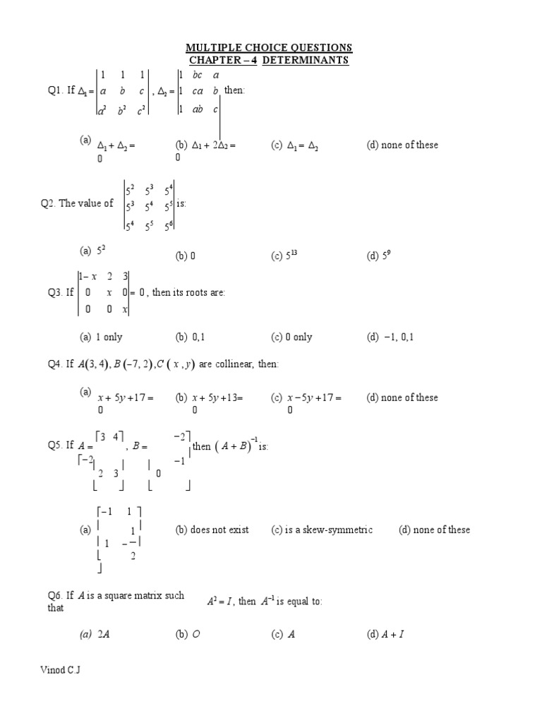 CH 4 Determinants Multiple Choice Questions With Answers PDF