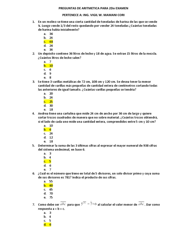 Preguntas de Aritmetica para 2do Examen | PDF