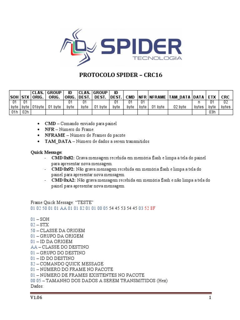 Protocolo Spider: Comandos e CRC16 | PDF | Byte | Programação de ...