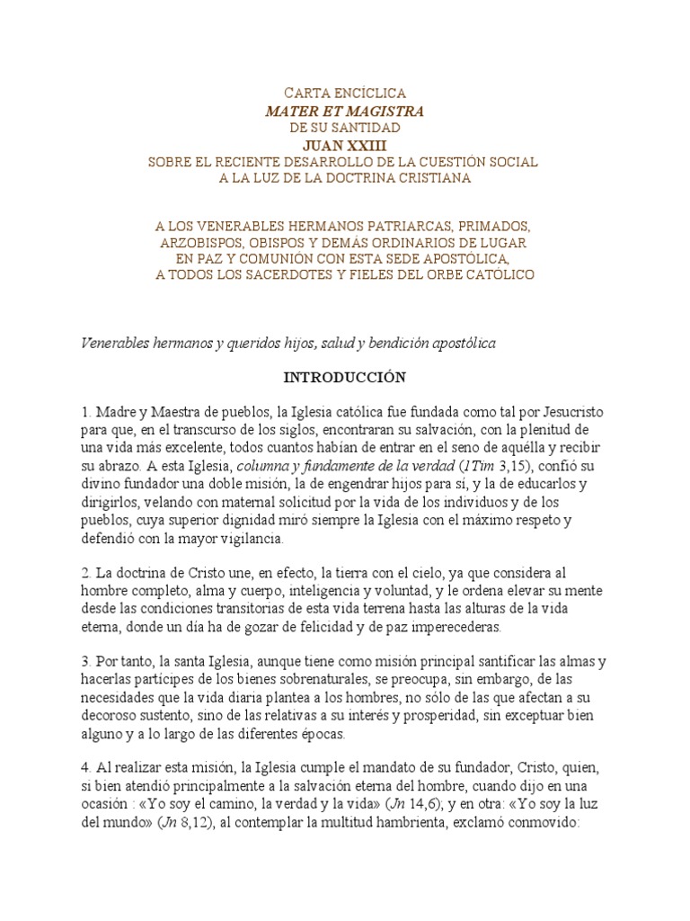 Encíclica Mater et Magistra de Juan XXIII PDF Iglesia Católica