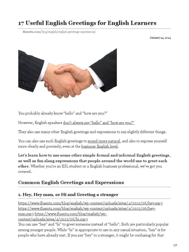 Essential English Greetings for Beginners | PDF | English As A Second ...