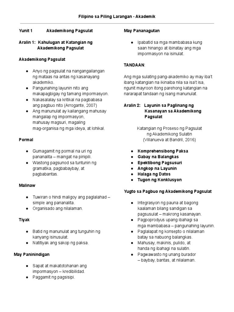 Filipino Sa Piling Larangan - Akademik (Notes) | PDF