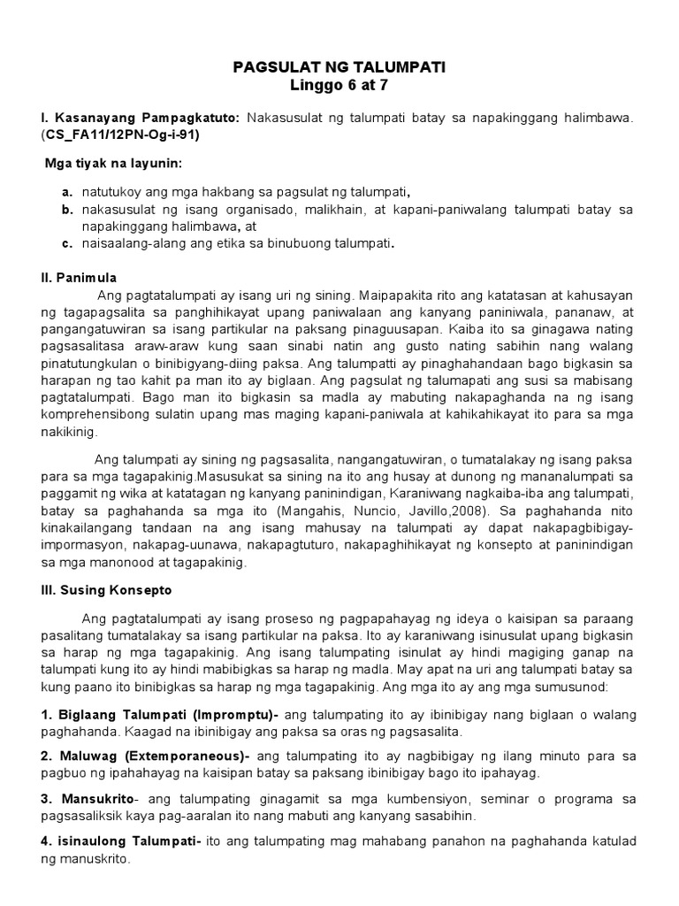 PAGSULAT NG TALUMPATI - Docx Linggo 6 at 7 | PDF