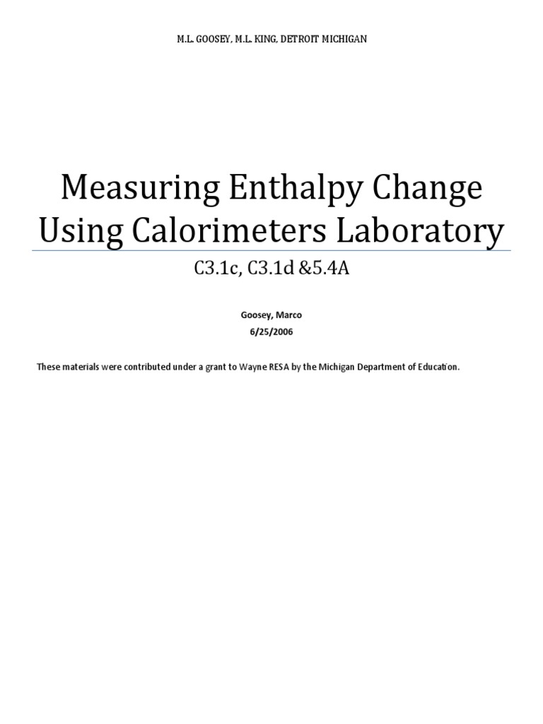Measuring Enthalpy Change Using Calorimeter S PDF Mole (Unit) Heat