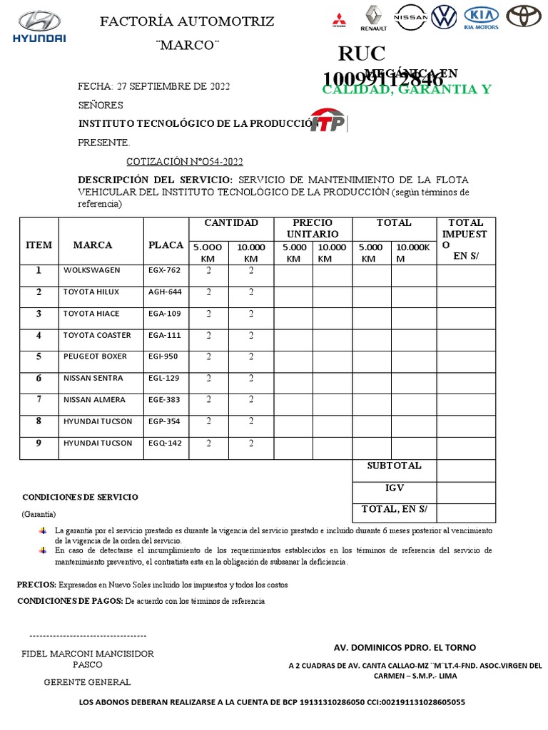 Cotización ITP PDF Vehículos de ruedas Fabricantes de vehículos