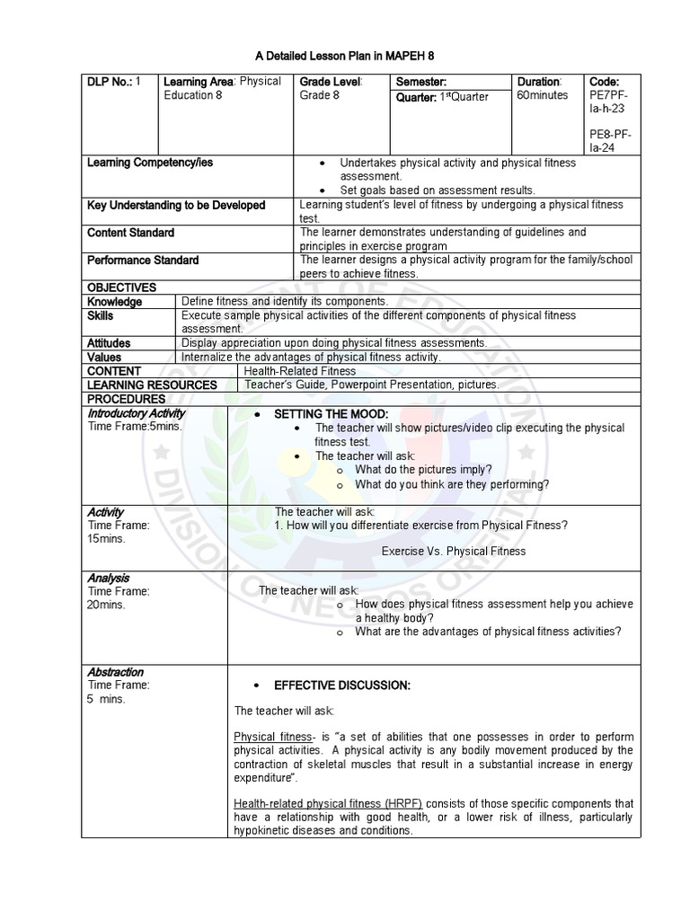 MAPEH 8 Physical Fitness Lesson Plan | PDF