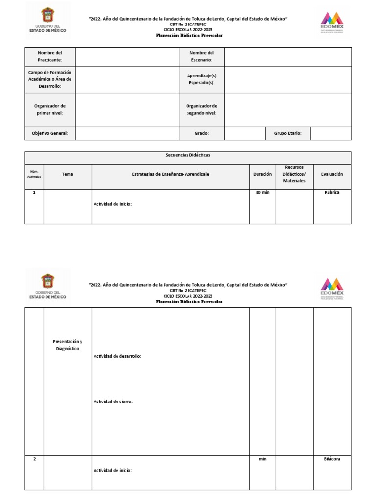 Formato de Planeación Preescolar 2022 | PDF | Educación de la primera ...