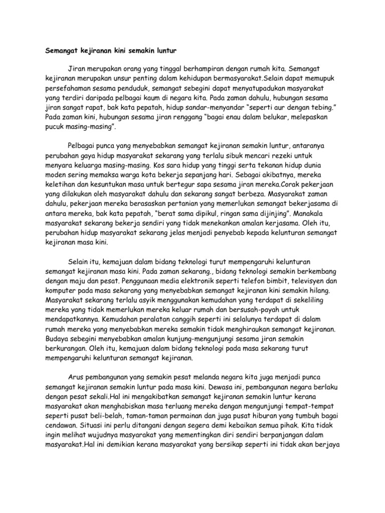 Contoh Karangan Semangat Kejiranan Semakin Pudar