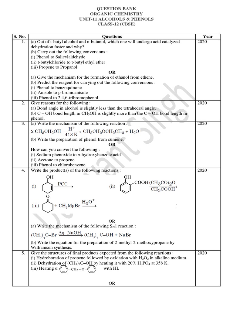 Organic Chemistry: Alcohols & Phenols Questions | PDF | Ethanol ...