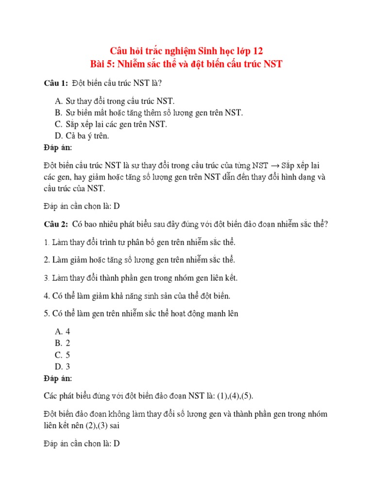 75 Cau Trac Nghiem Sinh Hoc Lop 12 Bai 5 Co Dap An | PDF