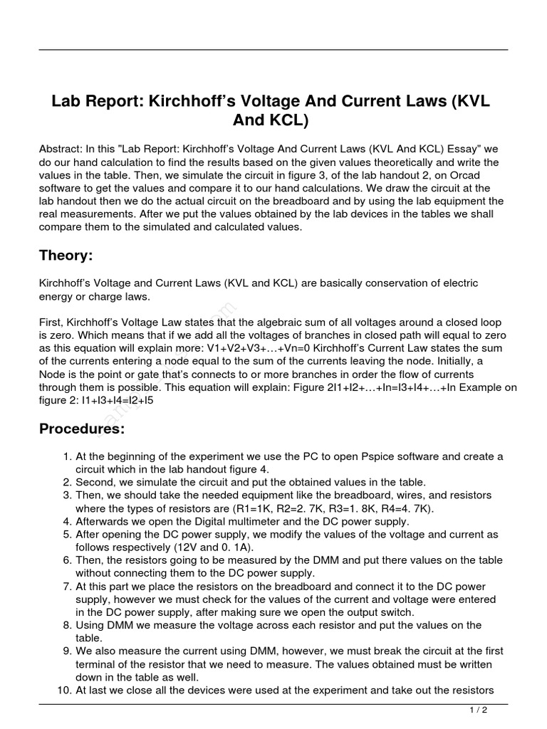 KCL and KVL Lab Report Summary | PDF | Electrical Network | Direct Current