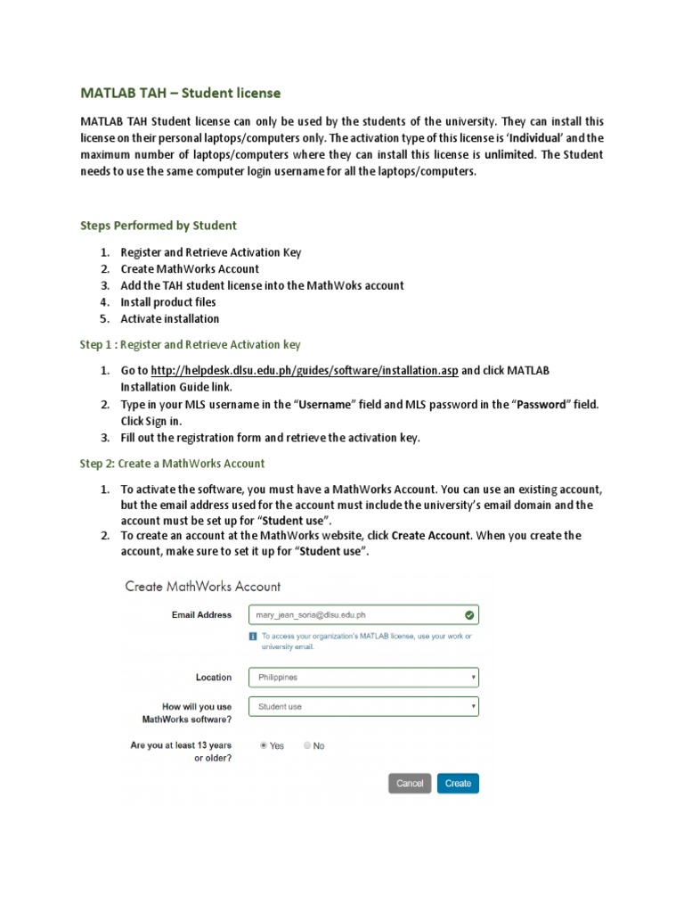 MATLAB Installation Guidelines Student PDF Installation