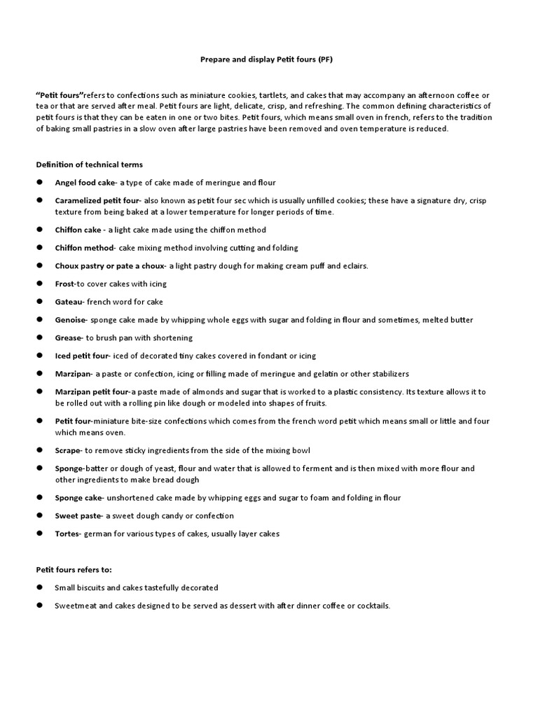 Prepare Petit Fours (PF) PDF Cakes Desserts