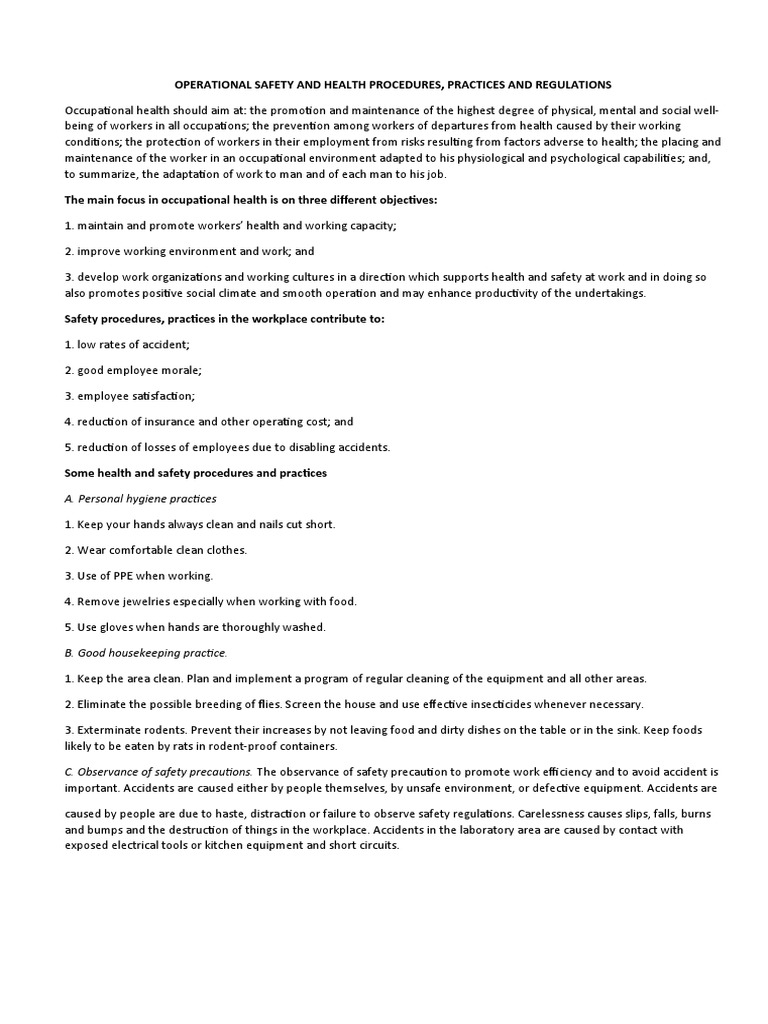 Operational Safety And Health Procedures Practices And Regulations