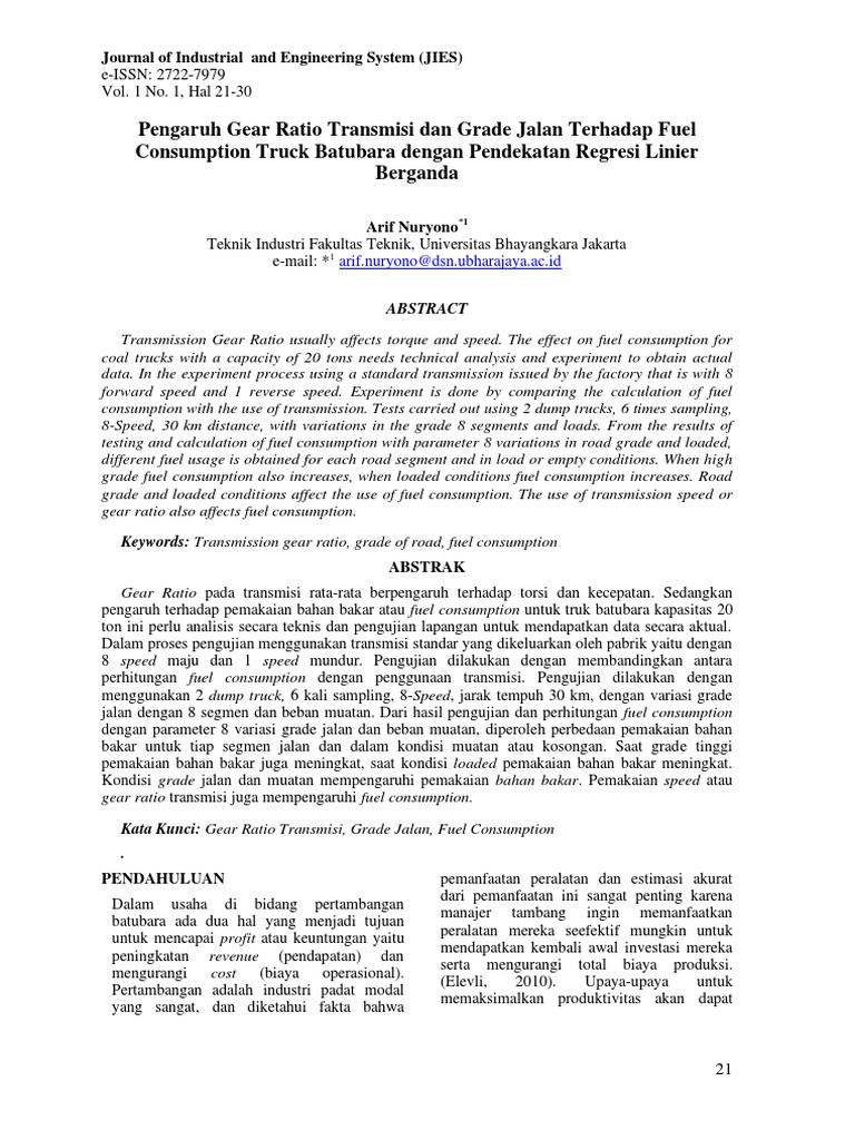 Pengaruh Gear Ratio Transmisi Dan Grade Jalan Terhadap Fuel PDF