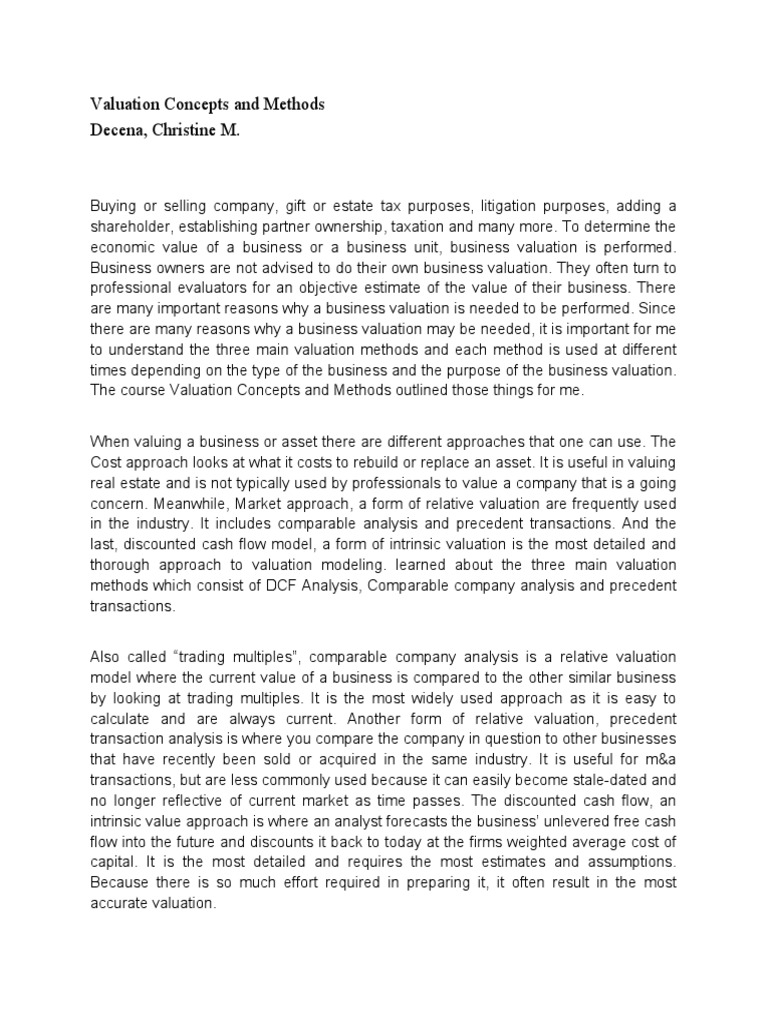 Valuation Concepts and Methods Essay | PDF | Valuation (Finance ...