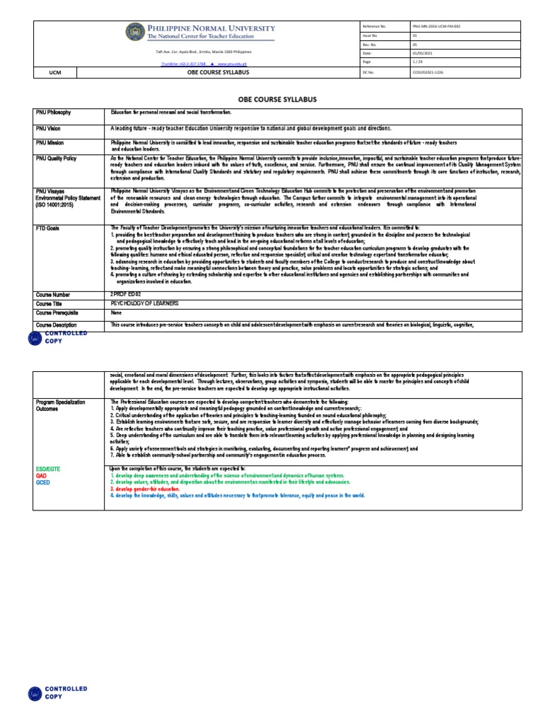 Understanding Learners: An OBE Course Syllabus for Psychology of ...