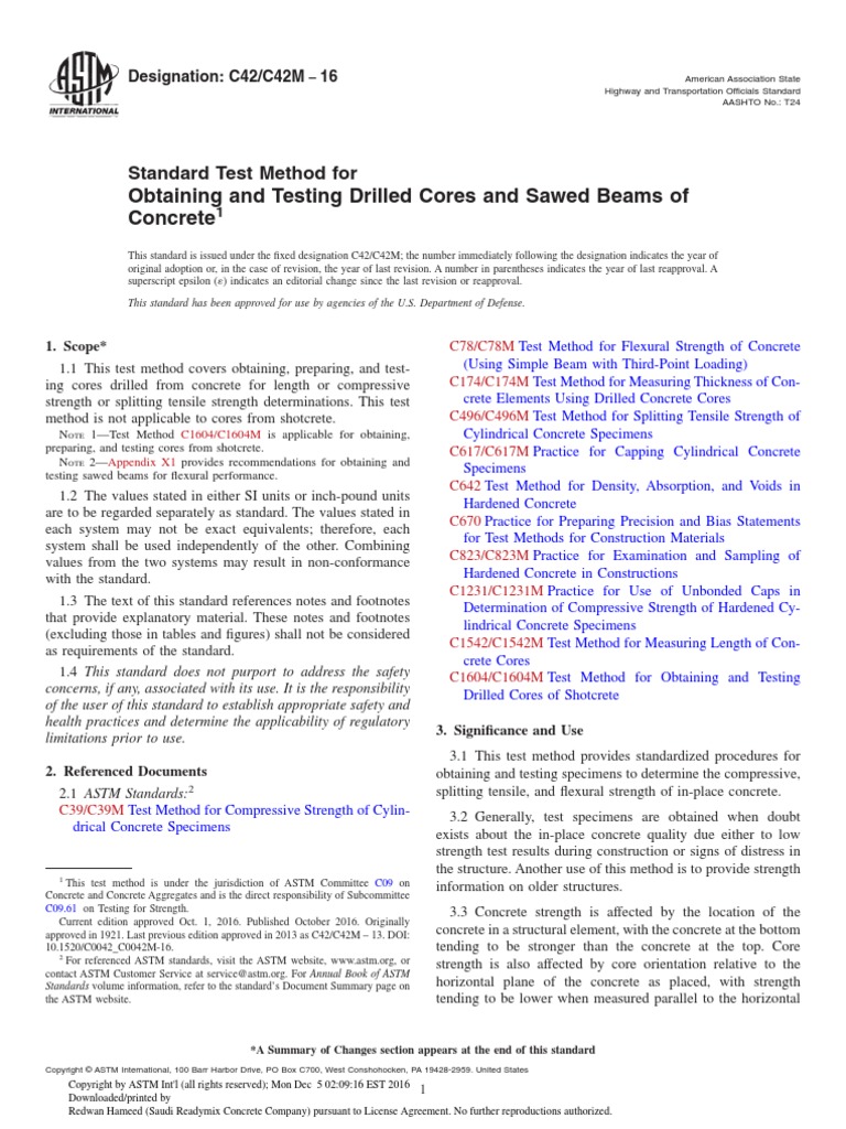ASTM C42. Standard Test Method For Obtaining and Test Drilled Cores and