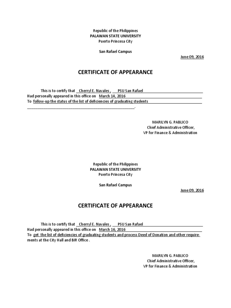 PSU Certificate of Appearance Samples | PDF